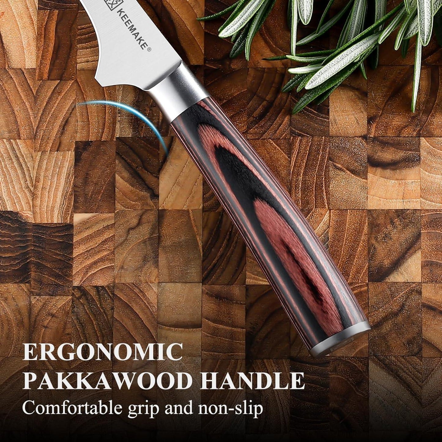 Close-up of Keemake boning knife with ergonomic pakkawood handle on wooden cutting board