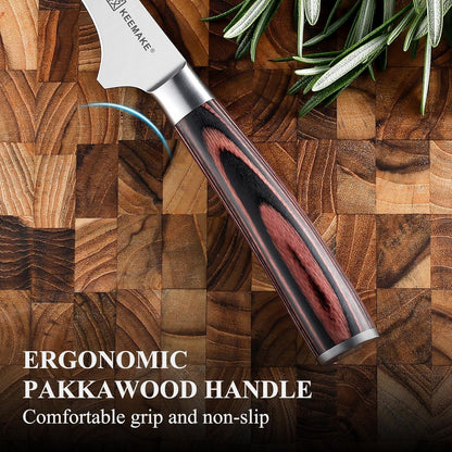 Close-up of Keemake boning knife with ergonomic pakkawood handle on wooden cutting board