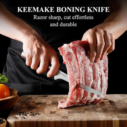 Person using razor sharp KEEMAKE boning knife to cut raw ribs on wooden cutting board