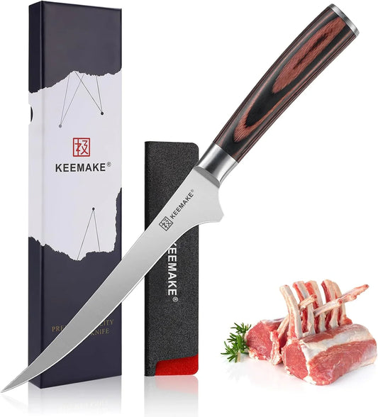 6-inch Keemake boning knife with high carbon stainless steel blade, wooden handle, and packaging with raw lamb ribs
