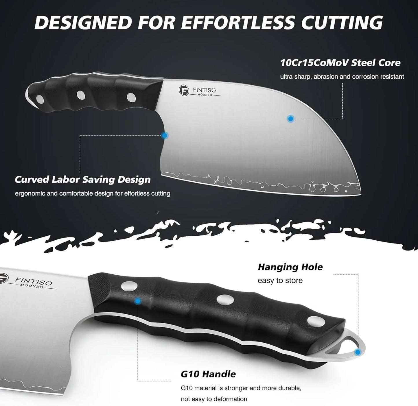 Fintiso Moonzo kitchen knife with 10Cr15CoMoV steel blade, ergonomic G10 handle, and hanging hole