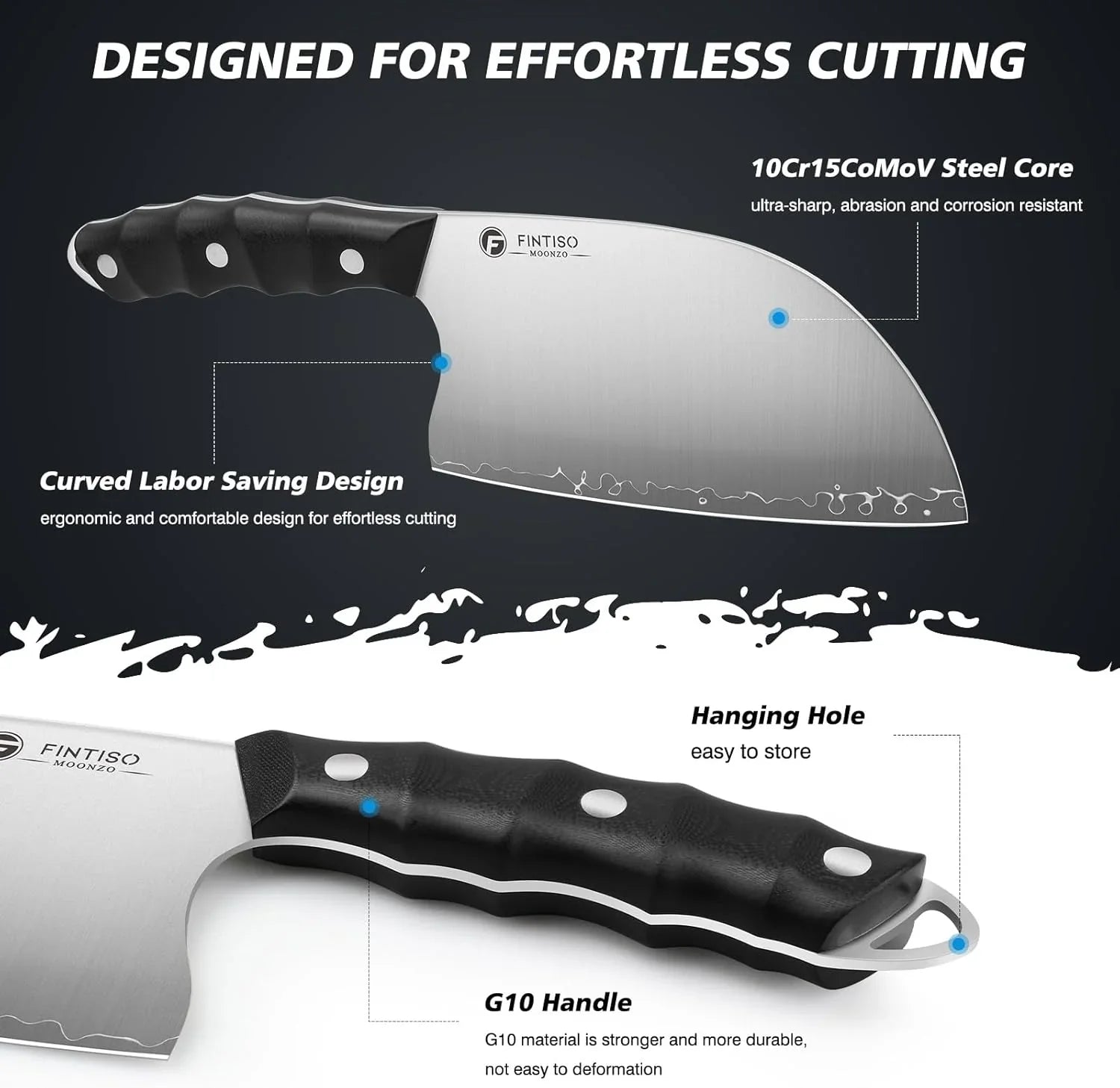 Fintiso Moonzo kitchen knife with 10Cr15CoMoV steel blade, ergonomic G10 handle, and hanging hole