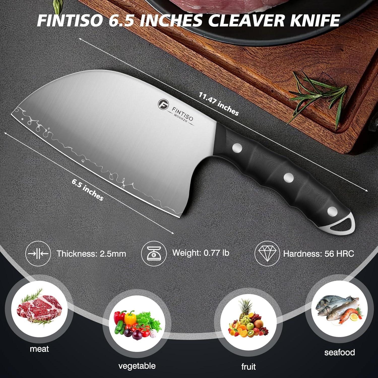 Fintiso 6.5 inch cleaver knife with 2.5mm thickness and black handle on grey surface