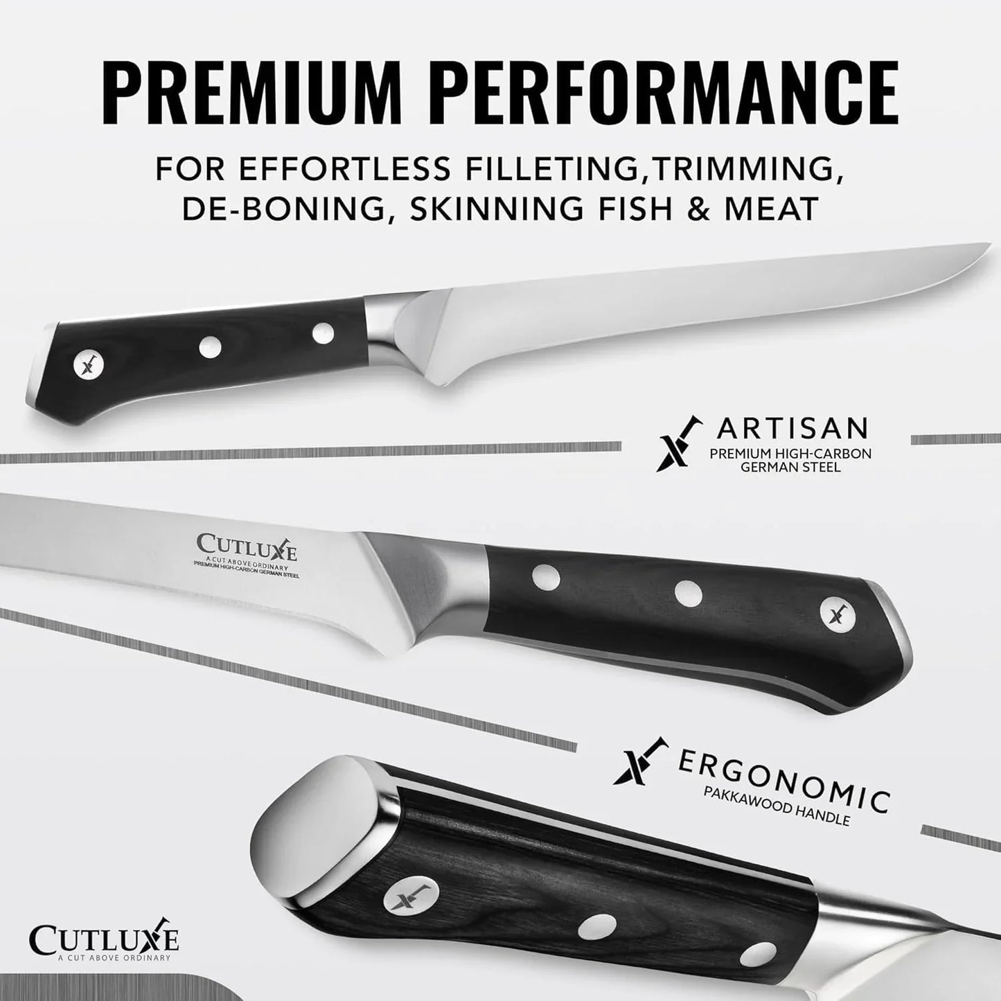 6-inch boning knife with ergonomic pakkawood handle and high-carbon German steel blade for filleting and de-boning