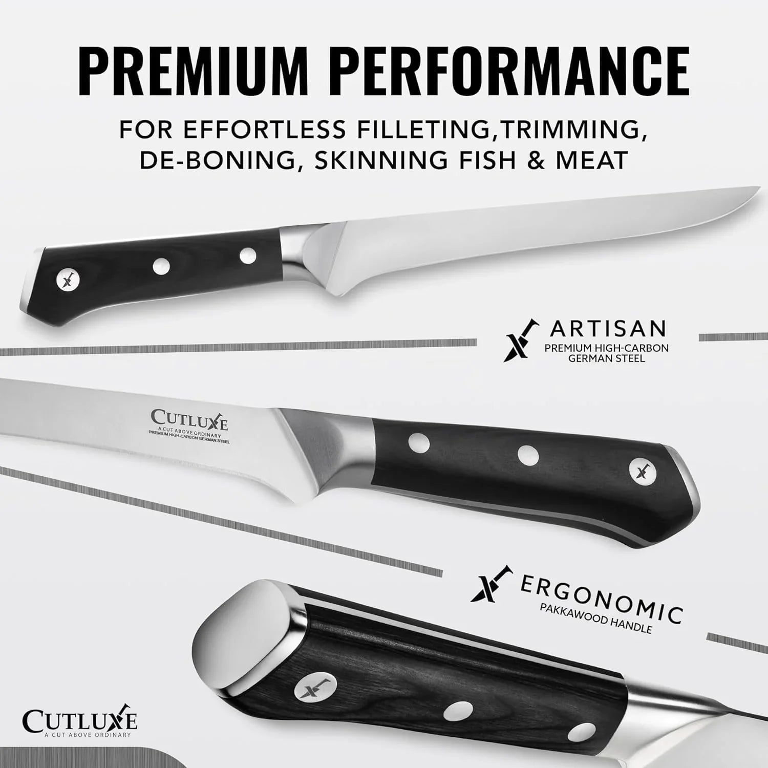 6-inch boning knife with ergonomic pakkawood handle and high-carbon German steel blade for filleting and de-boning