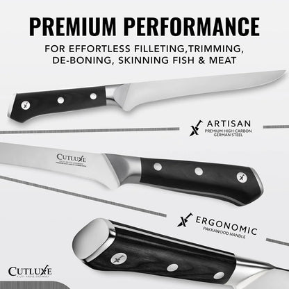 6-inch boning knife with ergonomic pakkawood handle and high-carbon German steel blade for filleting and de-boning