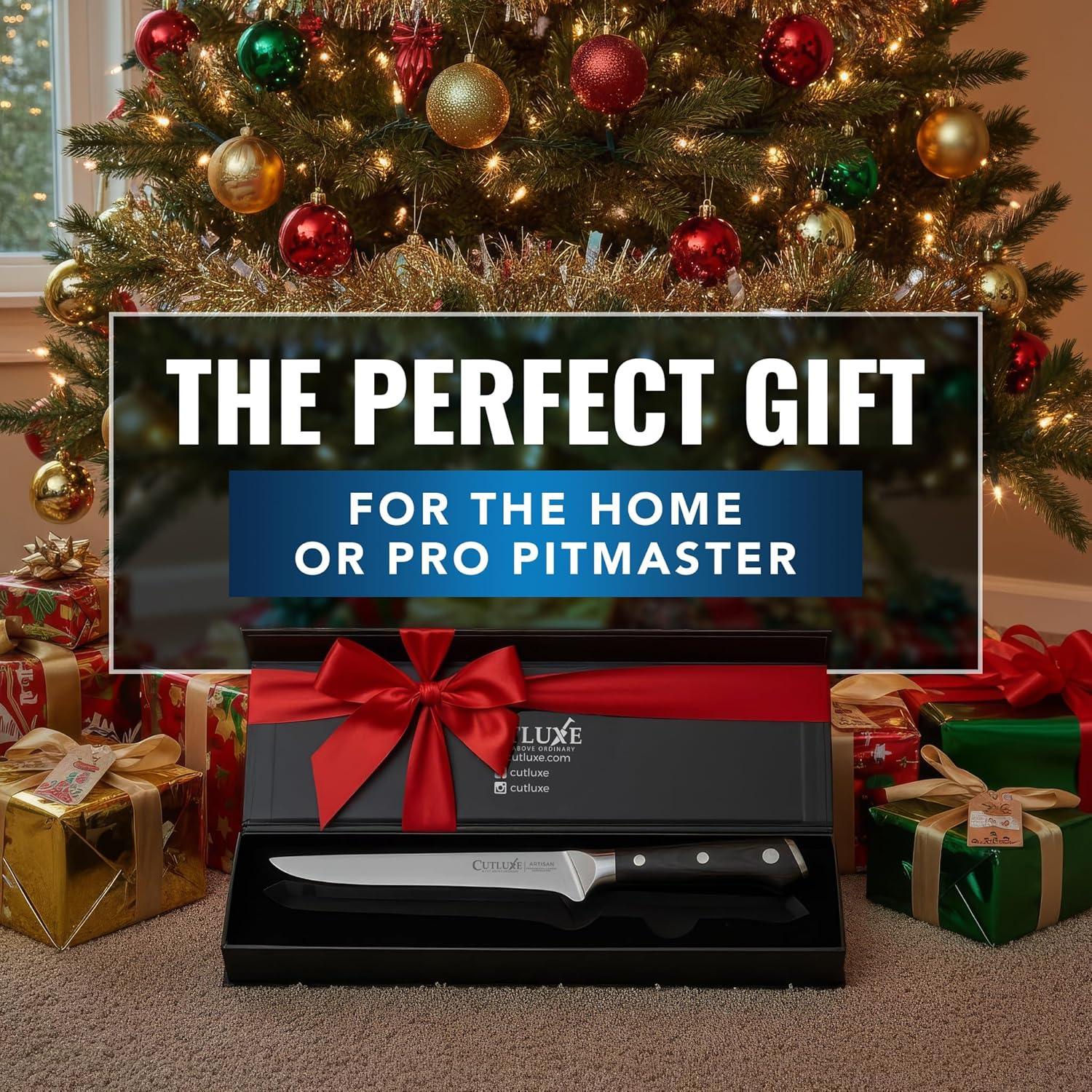 6-inch Cutluxe boning knife with dark handle in gift box with red bow by Christmas tree and presents