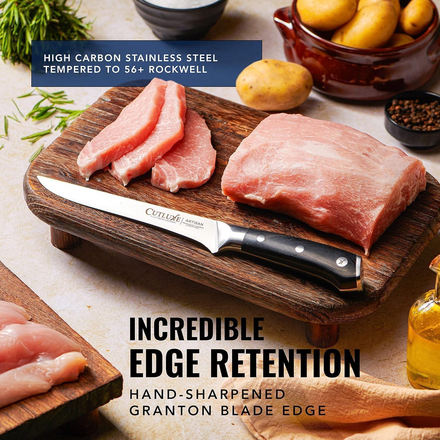 6-inch Cutluxe boning knife with razor-sharp German steel blade slicing raw pork on wooden cutting board