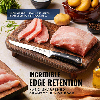 6-inch Cutluxe boning knife with razor-sharp German steel blade slicing raw pork on wooden cutting board