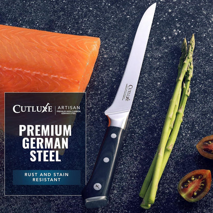 6-inch Cutluxe artisan boning knife with black handle next to fresh salmon, asparagus, and tomato on dark surface