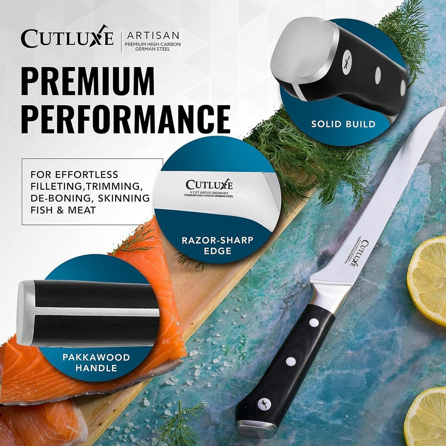 Cutluxé 6-inch razor-sharp boning knife with pakkawood handle on cutting board with salmon and lemon