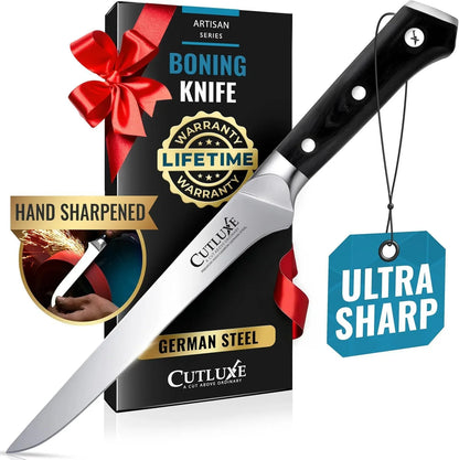 6-inch boning knife with razor-sharp German steel blade and black handle, lifetime warranty
