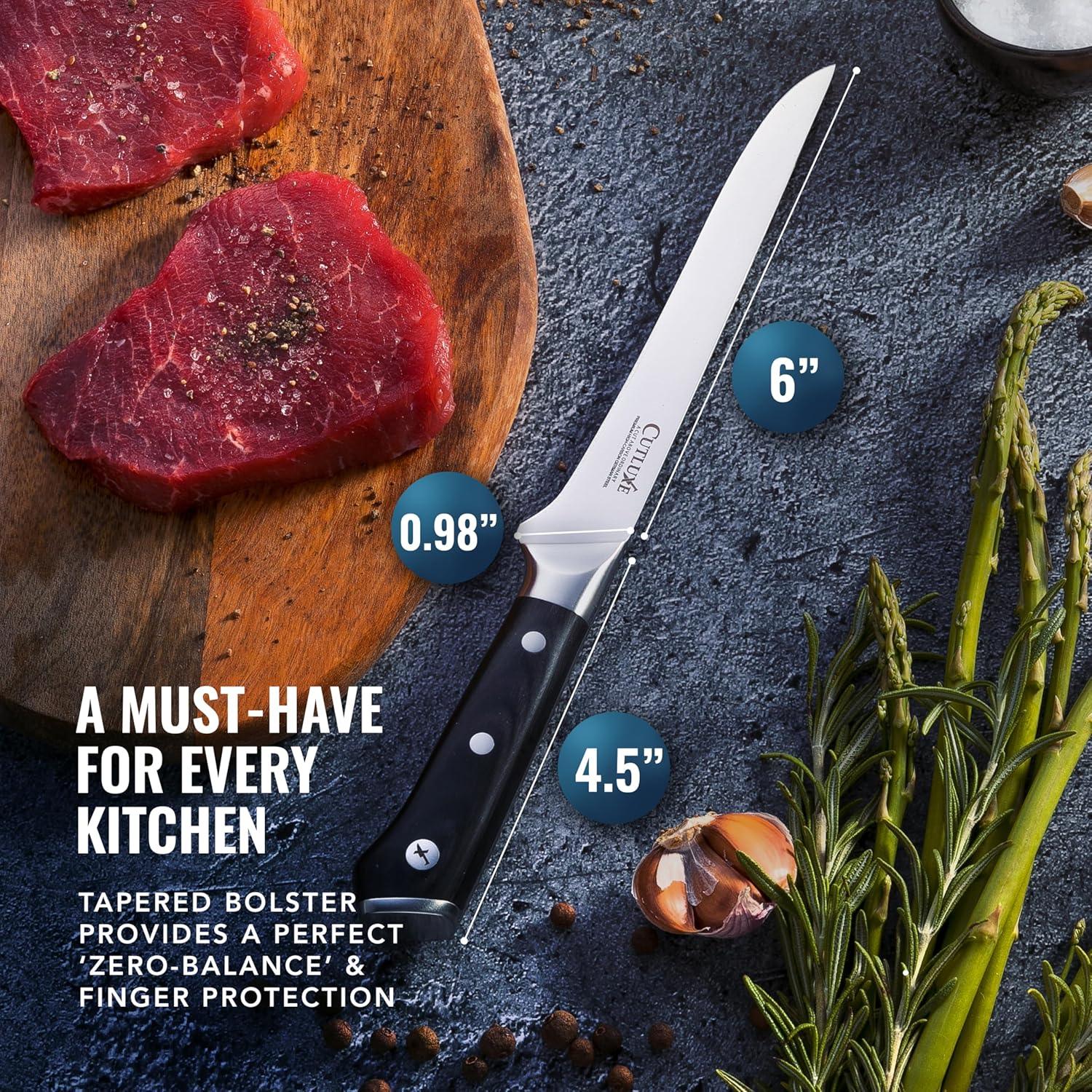 6-inch boning knife with black handle on dark surface with raw steak, asparagus, garlic, and peppercorns