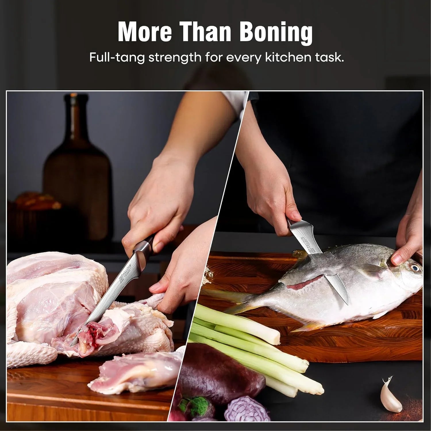Sharp German boning knife used to cut raw chicken and fish on wooden cutting board with vegetables