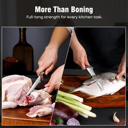 Sharp German boning knife used to cut raw chicken and fish on wooden cutting board with vegetables