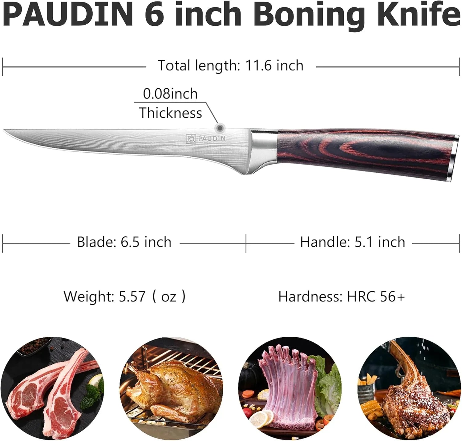 PAUDIN 6-inch boning knife with 6.5-inch blade and wooden handle, ideal for meat preparation
