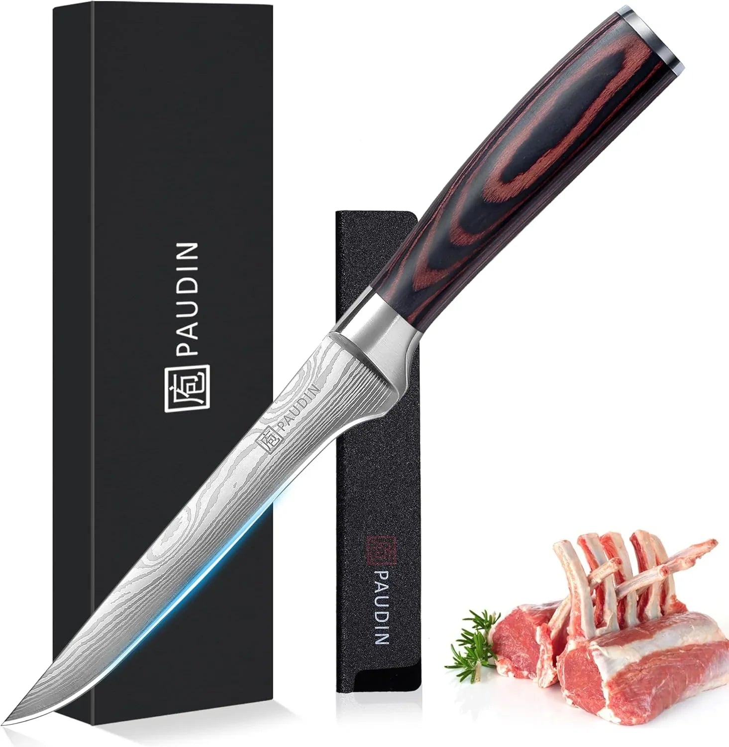 6-inch PAUDIN German boning knife with wooden handle, blade protector, gift box, and raw lamb ribs