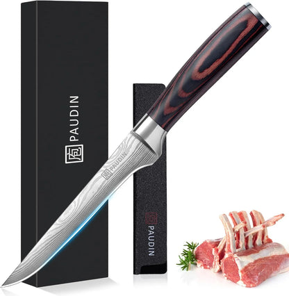 6-inch PAUDIN German boning knife with wooden handle, blade protector, gift box, and raw lamb ribs