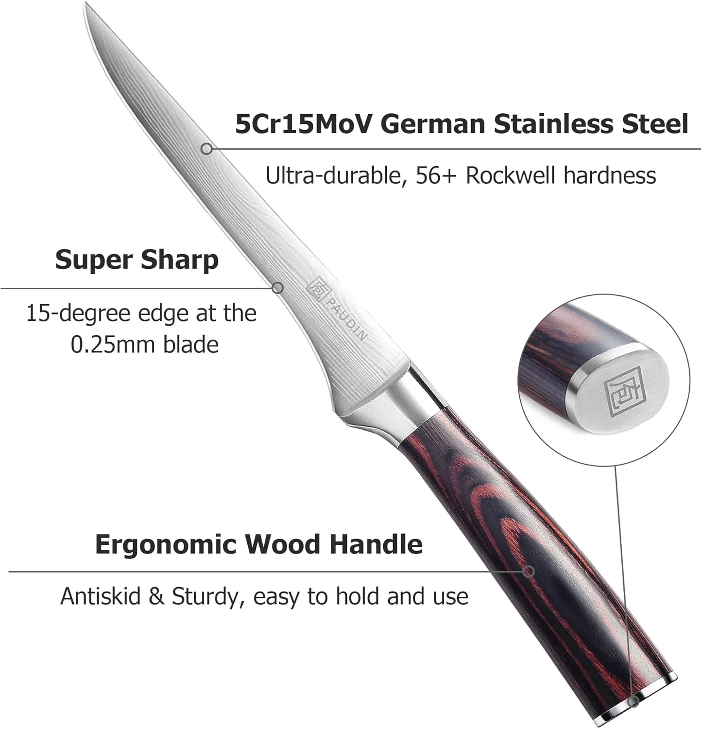 6-inch boning knife with 5Cr15MoV German stainless steel blade and ergonomic wood handle