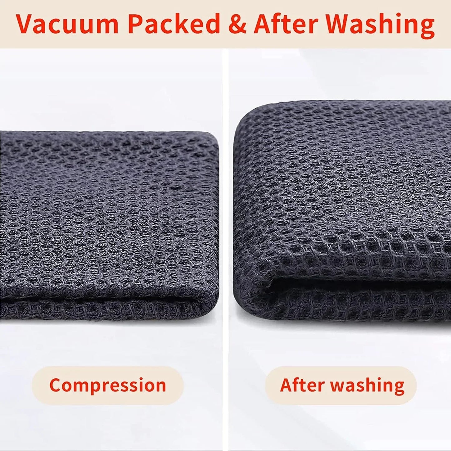 Dark grey cotton waffle weave kitchen dish cloth compressed and after washing comparison
