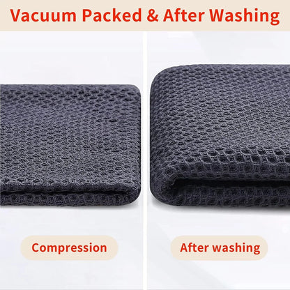 Dark grey cotton waffle weave kitchen dish cloth compressed and after washing comparison