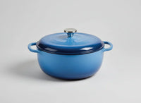 6 quart blue enameled cast iron Dutch oven with lid and handles