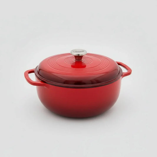6-quart red enameled cast iron Dutch oven with lid and side handles on white background