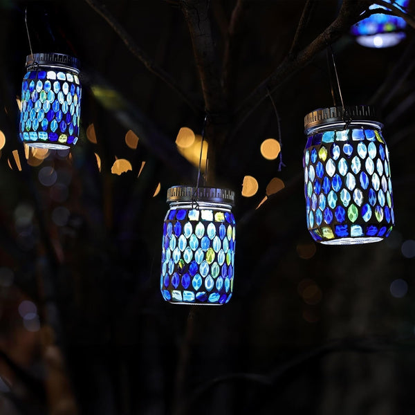 2 Pack Mosaic Lanterns Outdoor Waterproof with 215% Larger Solar Panel, Never Rust Lids, True Capacity Battery- Solar Mason Mosaics Jar Lantern for Patio Garden Yard Balcony Christmas Decorations4