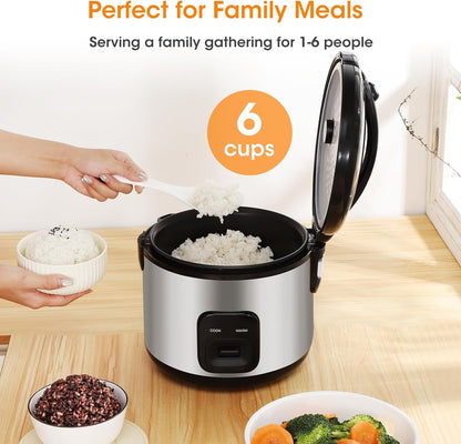 Small Rice Cooker 6 Cups Uncooked with Steaming Basket | Stainless Steel Exterior,Removable Non-Stick Inner Pot for Soups,Stews,Grains&Oatmeal,Compact One Touch & Auto Keep Warm5