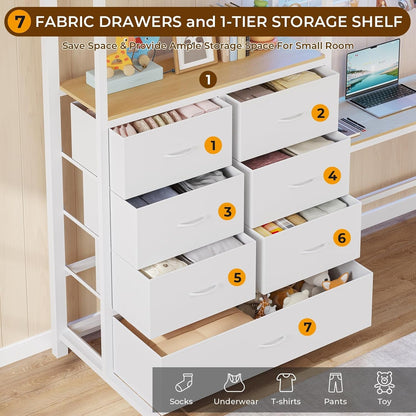 Full Loft Bed with L-Shaped Desk and 7 Storage Drawers, Metal Full Size Loft Bed for Teen with LED Lights and Charging Station,13.11" H Safety Guardrail and Ladder,No Box Spring Needed, White4