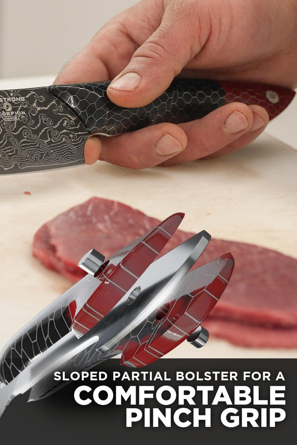 8" Crixus Chef & Cleaver Hybrid — V12 Ultra™ Japanese Steel — Hardest Build — for Bone-In Cuts & Chef Work — Black & Red Damascus, Honeycomb Handle, Scorpion, Customer Support4