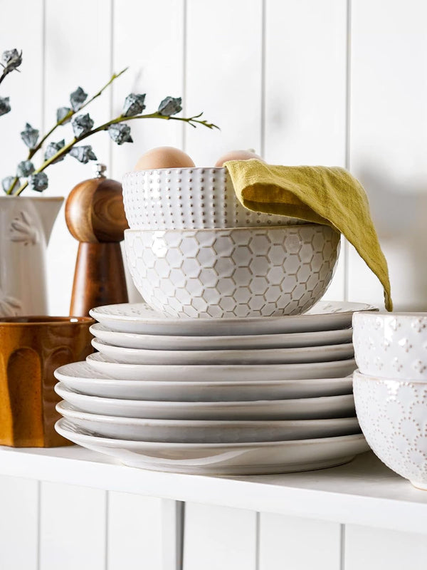 Ceramic Dishes Set for 4, 12 Piece Plates and Bowls Sets, Embossed Kitchen Dinnerware Sets, Chip Resistant, Microwave & Dishwasher Safe, Arctic White (8"&10" Plate, 26Oz Bowl)5