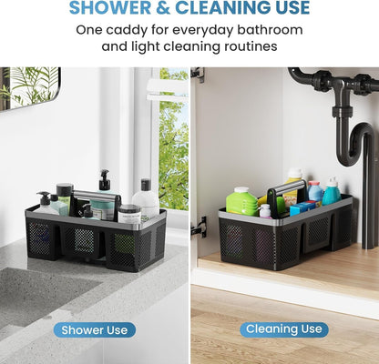 Plastic Shower Caddy Dorm: Portable Cleaning & Shower Caddy with Handle, 4 Divided Compartments, All-Side Drainage, Rigid Plastic Basket Tote for College Dorm & Bathroom Use, Black/Silver2