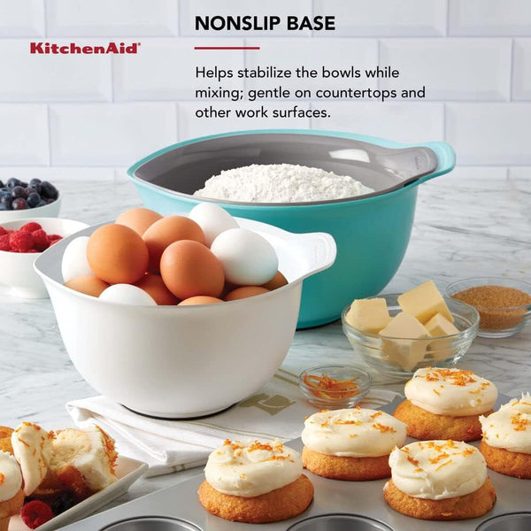 Kitchenaid Universal Nesting Plastic Mixing Bowls, Set of 3, 2.5 Quart, 3.5 Quart, 4.5 Quart, Non Slip Base with Easy Pour Spout to Reduce Mess, Dishwasher Safe, Aqua Sky, White, Gray6
