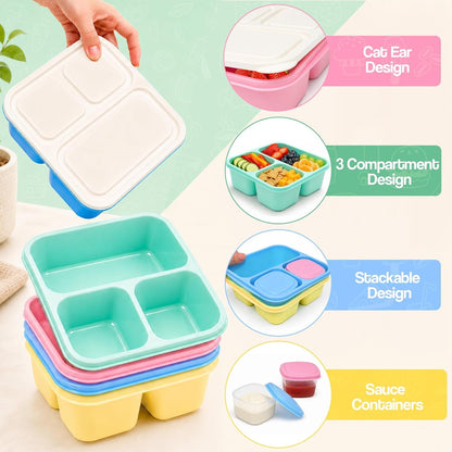 Bento Box Snack Containers, 3 Compartment Lunch Containers for Adults, Reusable Stackable Meal Prep & Food Storage Containers with Leakproof Sauce Cups, 4 Pack5