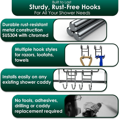 Shower Caddy Hooks, Razor Hanger for Shelf and Loofah (Silver - 2 Open)3