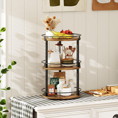 3-Tier Lazy Susan Organizer, Rotating Spice Rack, Spinning Organizer, Industrial Turntable Spice Rack Organizer for Cabinet, Kitchen Countertop, Pantry, Rustic Brown and Black SR23BR8
