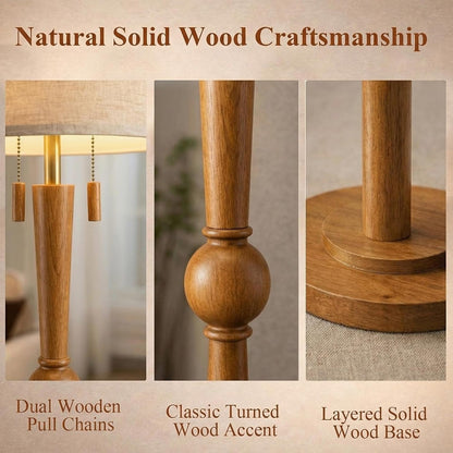 Solid Wood Floor Lamp for Living Room with Wooden Pull Chains | 62.8" Tall,Sculptural Wood Base & Stem,17" Linen Drum Shade,2-Light Standing Lamp for Bedroom & Reading Corner,Bulbs Included3