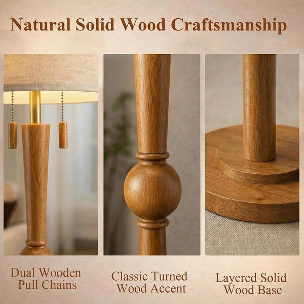 Solid Wood Floor Lamp for Living Room with Wooden Pull Chains | 62.8" Tall,Sculptural Wood Base & Stem,17" Linen Drum Shade,2-Light Standing Lamp for Bedroom & Reading Corner,Bulbs Included3