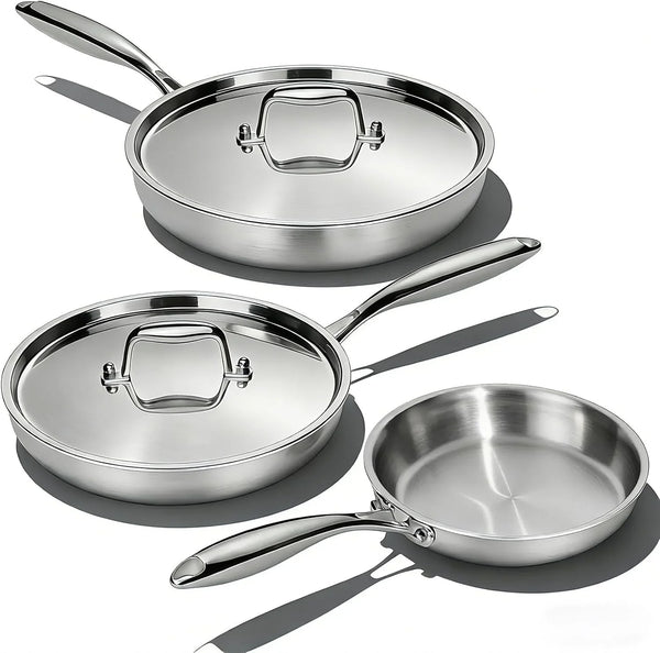 Stainless Steel Frying Pan Set with Lid, 3Pcs Skillet Set (Includes 8",10",12") - 5 Ply Stainless Clad - Heavy Duty & Professional Cookware Set, Fast & Even Heat, Dishwasher and Oven Safe1