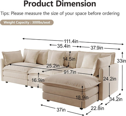 Modular Sectional Sofa, 111.5 Inch L Shaped Couch Set for Living Room, 3-Seater Comfy Cloud Couches with Movable Ottoman, DIY Combination, Chenille, Light Coffee2