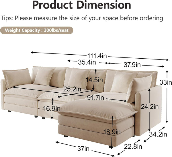 Modular Sectional Sofa, 111.5 Inch L Shaped Couch Set for Living Room, 3-Seater Comfy Cloud Couches with Movable Ottoman, DIY Combination, Chenille, Light Coffee2
