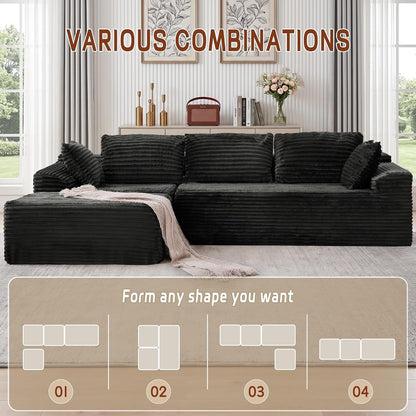 110" Boneless Modular Sectional Sofa with Chaise, L-Shaped Comfy Corduroy Fluffy Couch with Deep Seat and Side Pockets, Flexible Module Combination for Living Room, No Assembly, Side Pockets3