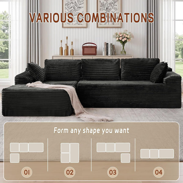 110" Boneless Modular Sectional Sofa with Chaise, L-Shaped Comfy Corduroy Fluffy Couch with Deep Seat and Side Pockets, Flexible Module Combination for Living Room, No Assembly, Side Pockets3