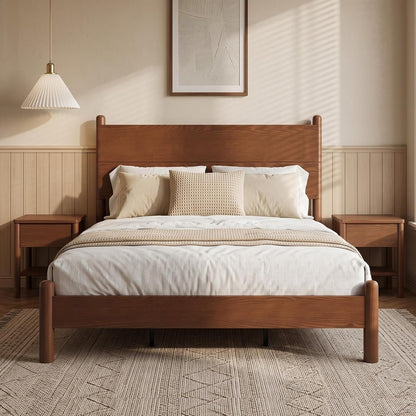 Solid Wood Full Size Bed Frame with Tall Headboard, Brown1