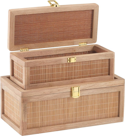 Natural Bamboo Decorative Box with Lids, Unique Decorative Boxes Set of 2, Boho Wedding Keepsake Box, Memory Box with Lid for Crafts, Trinkets and Photo Storage8