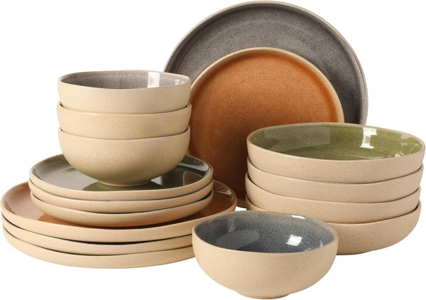 Manila Bay 16-Piece Stoneware Dinnerware Set, Service for 4, Reactive Glaze Modern Artisan Plates, Bowls & Mugs, Assorted Colors, round Design1