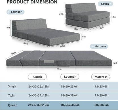 Folding Sofa Bed Queen, 6 Inches Foam Floor Sofa and Folding Mattress with Washable Cover, Fold Out Couch for Guests, Camping and Travel, Dark Gray, 80" X 60" X 6"2