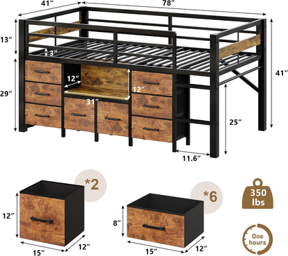 Low Loft Bed Twin Size with 8 Storage Drawers, Twin Loft Bed with Bookcase, Metal Kids Loft Bed with 13" H Safety Guardrail, Under-Bed Play Space and Play Curtain for Kids, Rustic Brown2