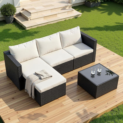 4 Pieces Patio Furniture Set, 2-In-1 Convertible Sectional Sofa & Chaise Lounge, All-Weather Wicker Rattan Sofa Couch with Cushions & Coffee Table for Yard, Garden, Porch, Poolside (Beige)1